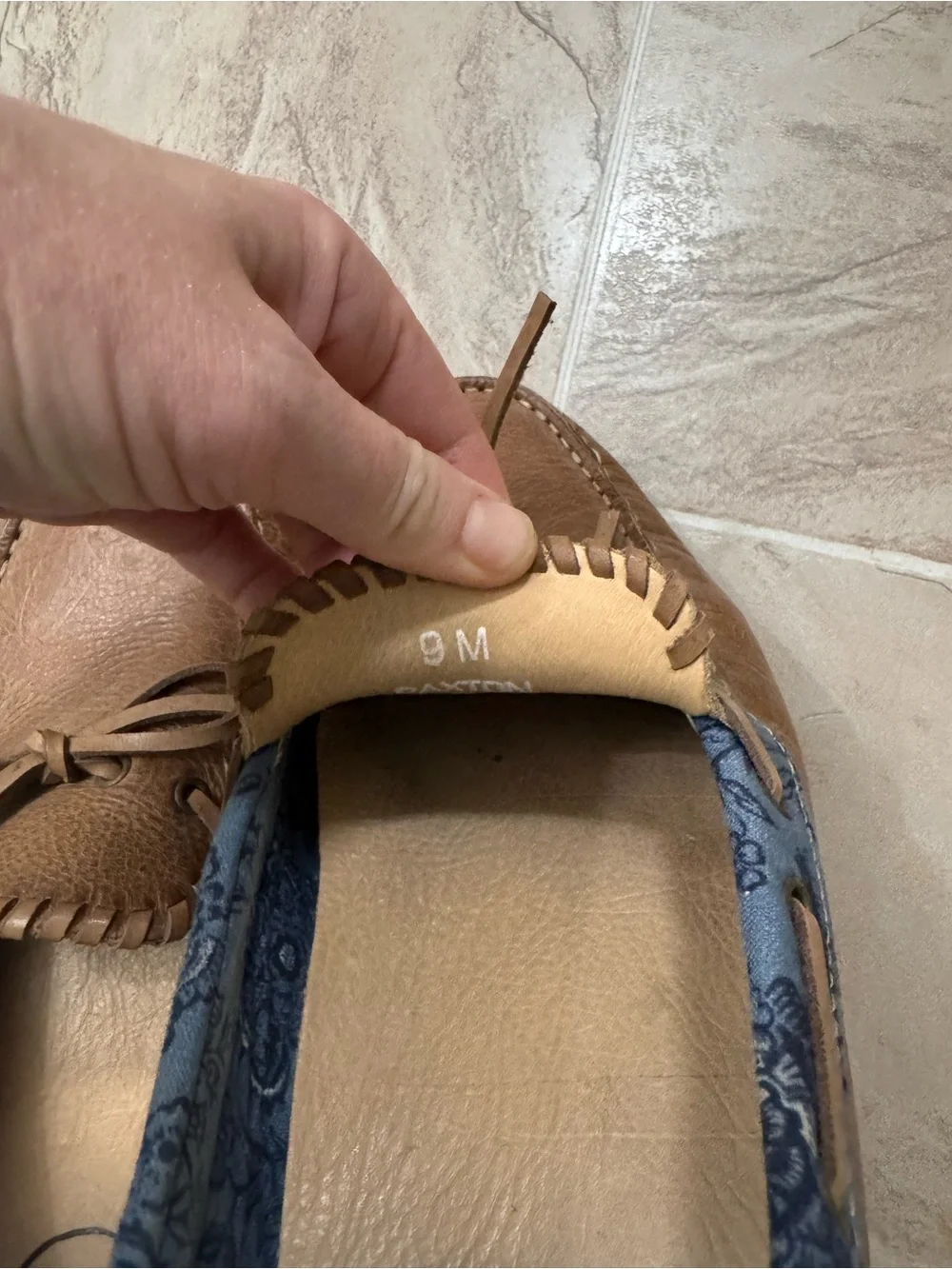 Jack Rogers Brown Leather Boat Moccasins with Blue Pattern Trim